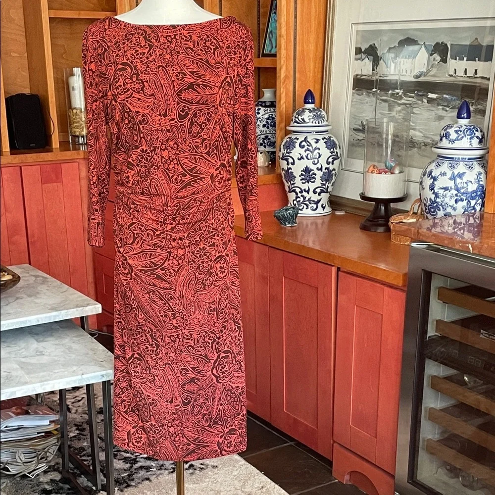 Sara Campbell Red and Brown Paisley Shirred Dress Fits 6-8 - Picture 1 of 13